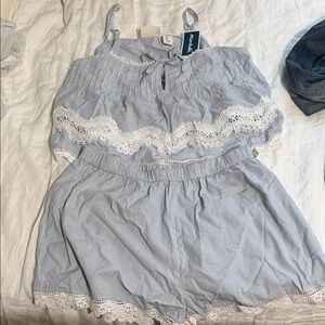 Blue and White Lace Trim Pajama Set